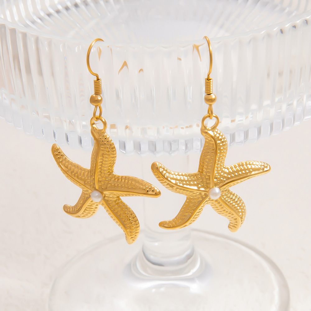 Boucles D'Oreilles Pendantes Pour Femme, Collection Romantique, Motif Étoile De Mer, En Acier Inoxydable Doré, Étanches, En Forme D'Étoile De Mer. 1 Paire Image5