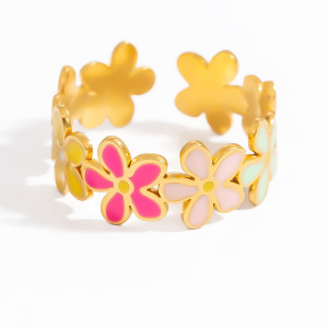 Bague Ajustable Pour Femme, Collection Charming, Ornée De Fleurs Colorées Et Raffinées. Acier Inoxydable Doré, Finition Huile, Étanche. h5 Image9