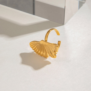 Bague Ajustable Pour Femme, En Acier Inoxydable Doré, Forme Feuille De Ginkgo Naturel, Collection Romantique (1 Pièce). h5 Image5