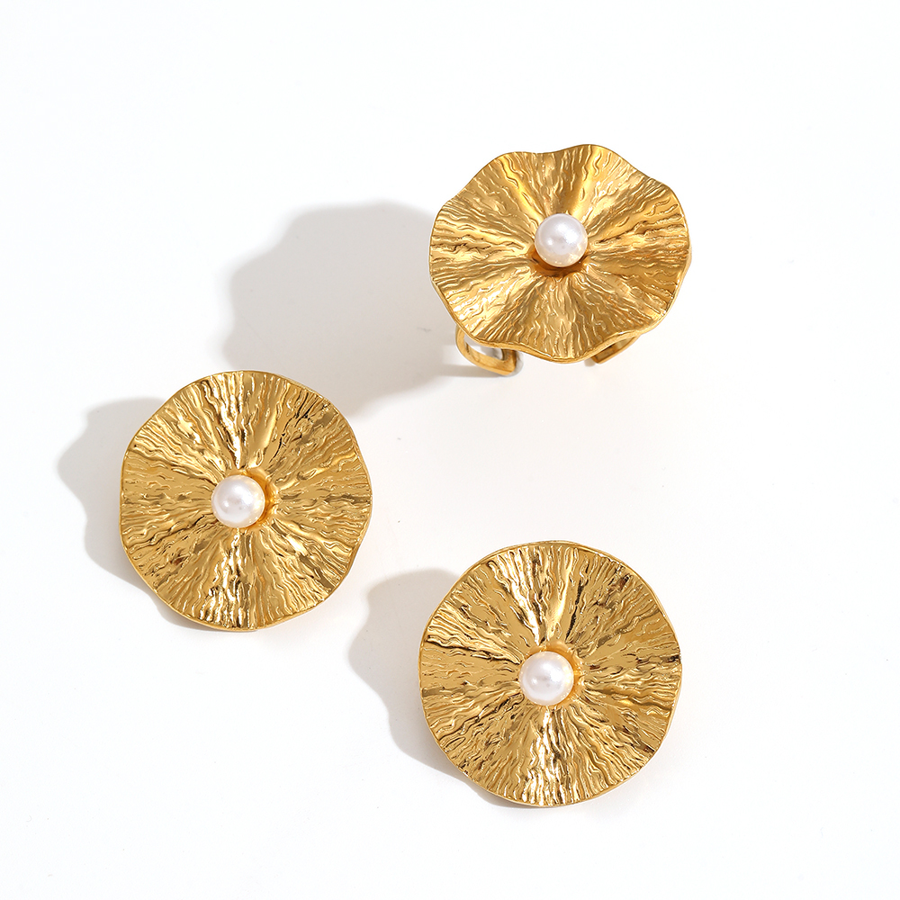 Ensemble De 1 Paire De Boucles D'Oreilles Rondes En Acier Inoxydable Doré, Style Rétro Martelé, Style Classique. Image4