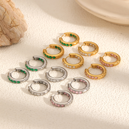 1 paire de boucles d'oreilles créoles annulaires brillantes en acier inoxydable doré étanche avec zircon, série Polychrome