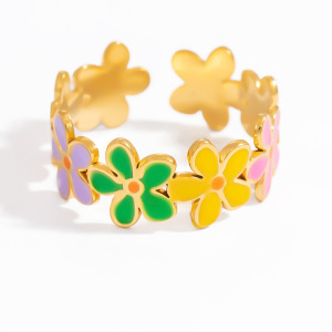 Bague Ajustable Pour Femme, Collection Charming, Ornée De Fleurs Colorées Et Raffinées. Acier Inoxydable Doré, Finition Huile, Étanche. h5 Image8