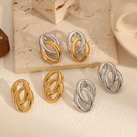 1 paire de boucles d'oreilles puces pour femme, collection Exquisite, double couche, rondes, en acier inoxydable étanche, couleur or. 2