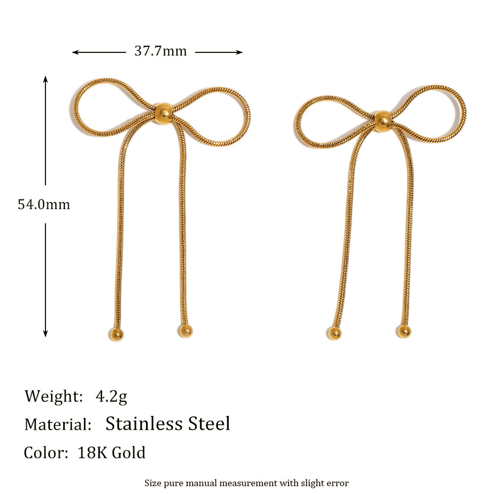 Boucles D'Oreilles Pendantes Pour Femme, Collection Romantique, Nœud Papillon, En Acier Inoxydable Étanche, Couleur Or (1 Paire). Image8