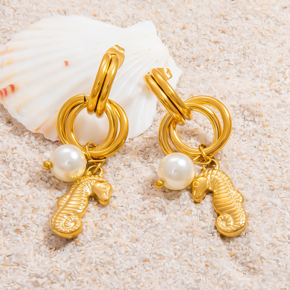 Boucles D'Oreilles Pendantes Pour Femme, En Acier Inoxydable Doré, Imperméables, En Forme D'Hippocampe, Collection De Luxe (1 Paire). Image5