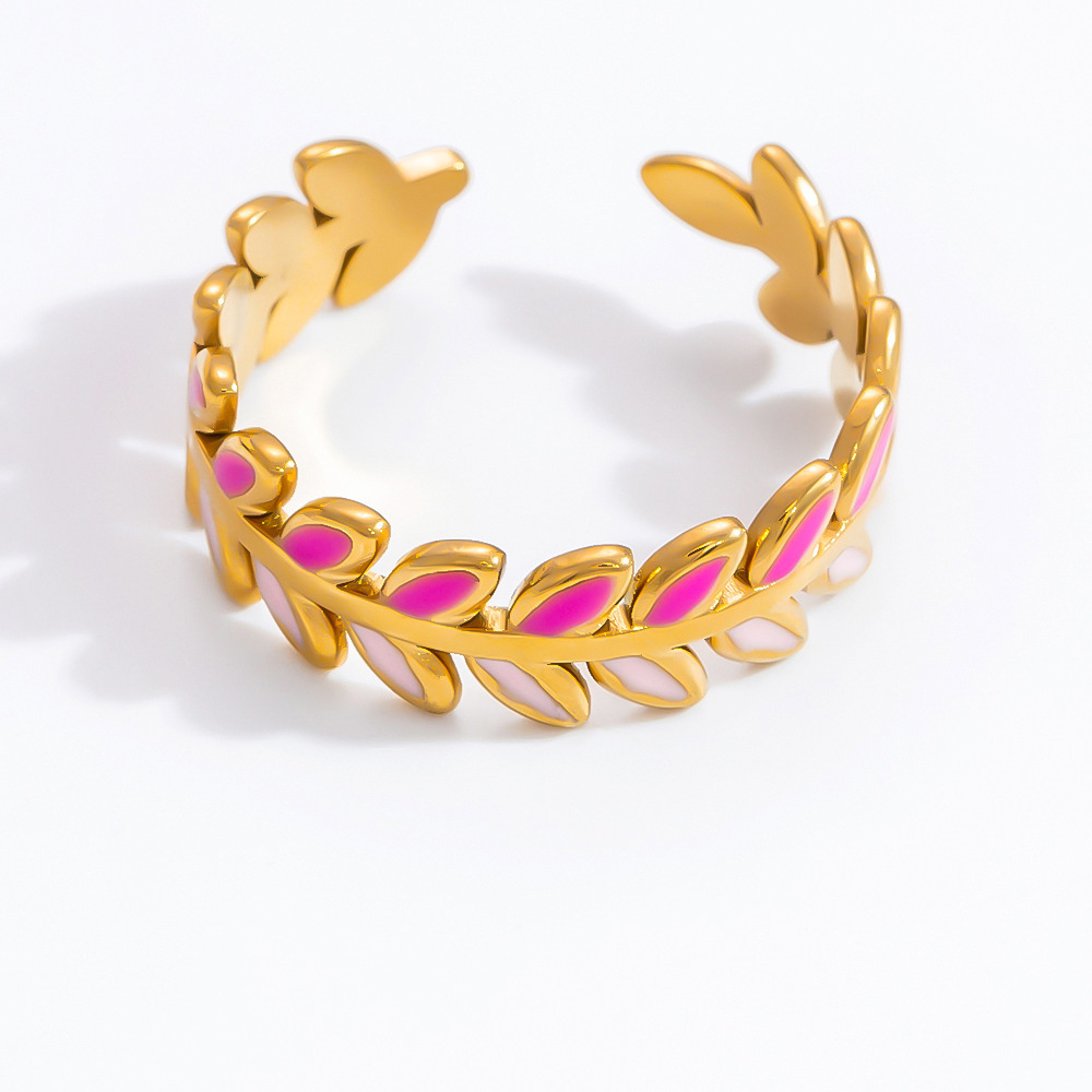 Bague Ajustable Pour Femme, En Acier Inoxydable Doré, Finition Huilée, Motif Branche D'Olivier, Collection Chromatic Series Vivid Olive Branch. Image11