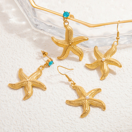 Boucles d'oreilles pendantes pour femme, collection romantique, motif étoile de mer, en acier inoxydable doré, étanches, en forme d'étoile de mer. 1 paire