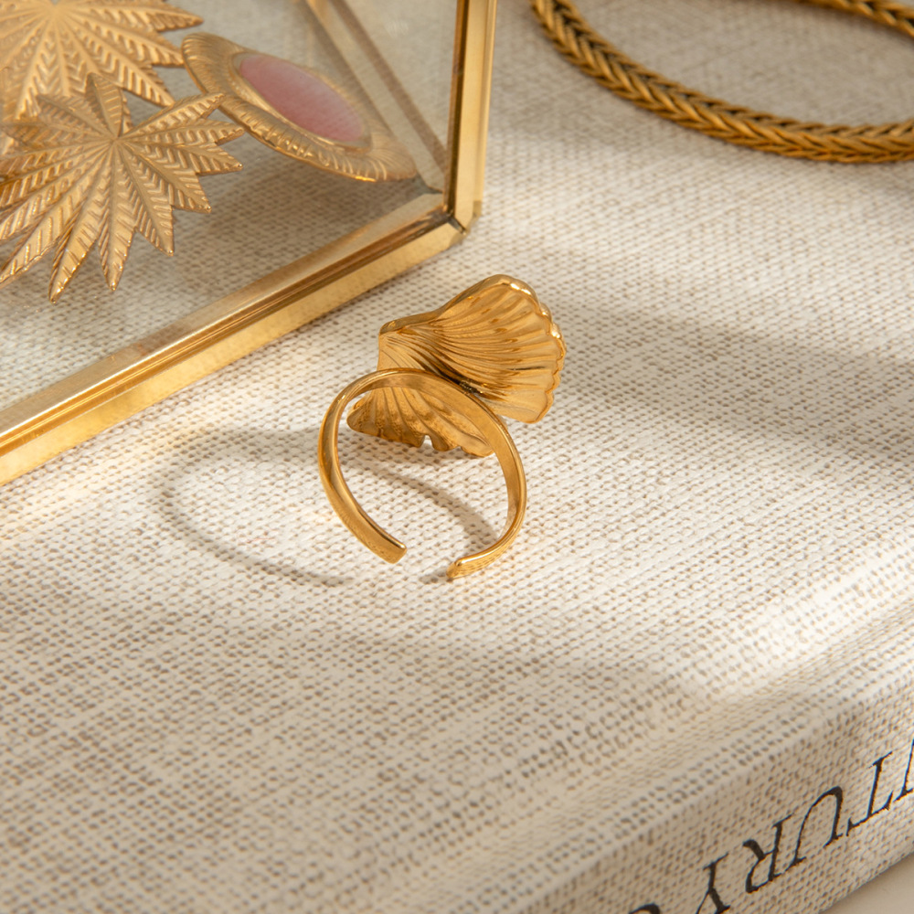 Bague Ajustable Pour Femme, En Acier Inoxydable Doré, Forme Feuille De Ginkgo Naturel, Collection Romantique (1 Pièce). h5Image4