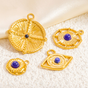 Pendentif Femme Fantaisie Rétro Œil Bleu Pierre Naturelle Acier Inoxydable Étanche Couleur Or (1 Pièce) h5 Image4