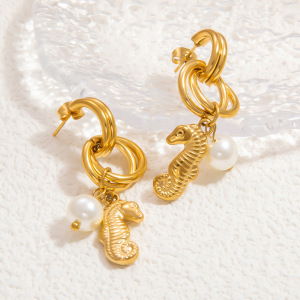 Boucles D'Oreilles Pendantes Pour Femme, En Acier Inoxydable Doré, Imperméables, En Forme D'Hippocampe, Collection De Luxe (1 Paire). h5 Image4