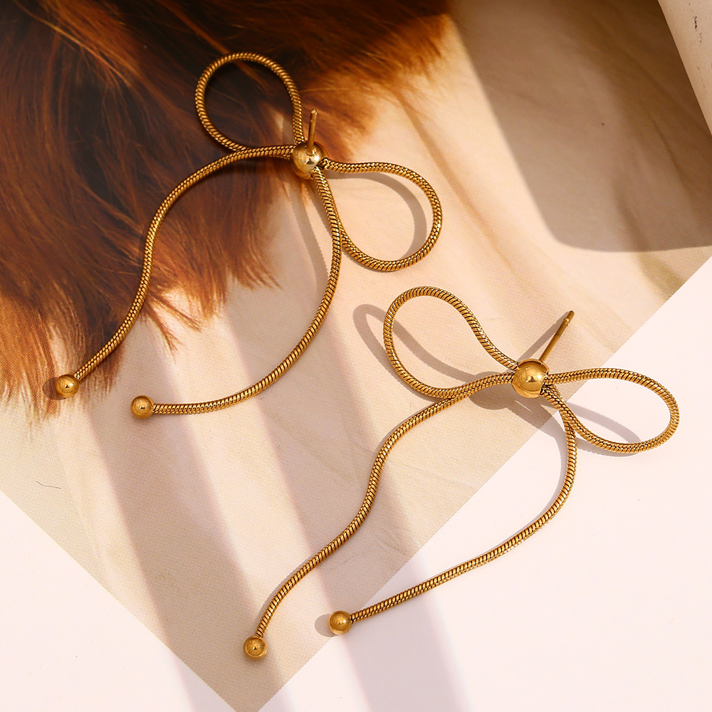 Boucles D'Oreilles Pendantes Pour Femme, Collection Romantique, Nœud Papillon, En Acier Inoxydable Étanche, Couleur Or (1 Paire). Image7