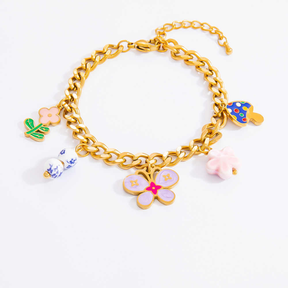 Bracelet À Breloques Pour Femme, Collection Romantique, Motif Floral Éclatant, Finition Huilée, Acier Inoxydable Chromé, Étanche, Couleur Or (1 Pièce). Image4