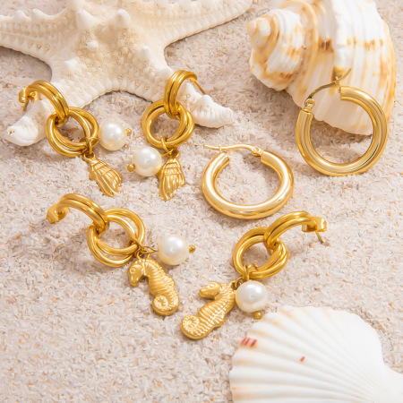 Boucles d'oreilles pendantes pour femme, en acier inoxydable doré, imperméables, en forme d'hippocampe, collection de luxe (1 paire). 2