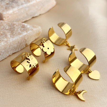 Bague ajustable pour femme, modèle Designable Series Chic Flower Dangle, en acier inoxydable étanche couleur or.