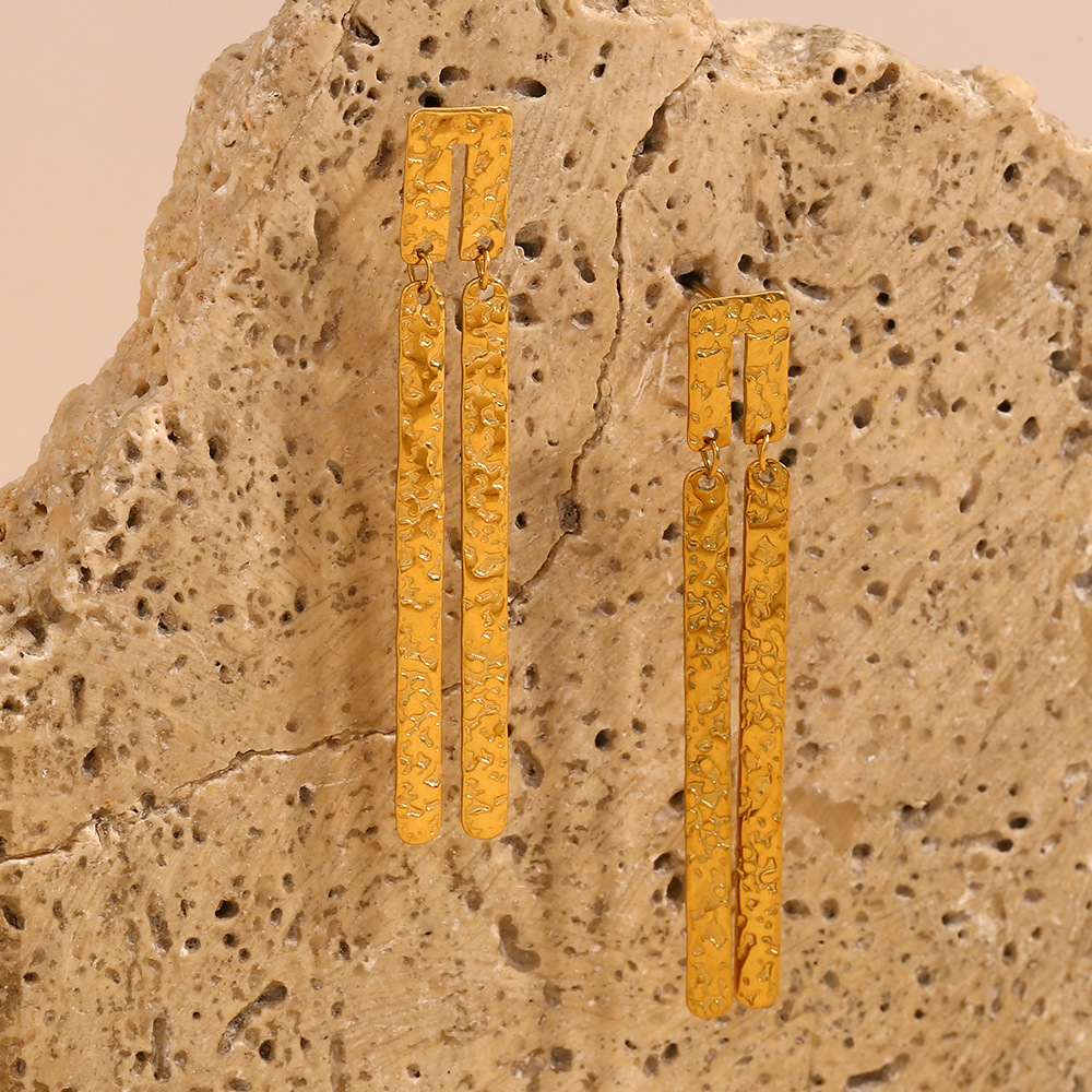 Boucles D'Oreilles Pendantes Élégantes Géométriques En Acier Inoxydable Doré, Étanches, Collection Classique, Pour Femme (1 Paire). Image8