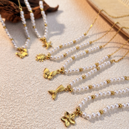 Collier de perles pour femme, collection Vacances, style rétro marin, en acier inoxydable, couleur or, étanche. 2