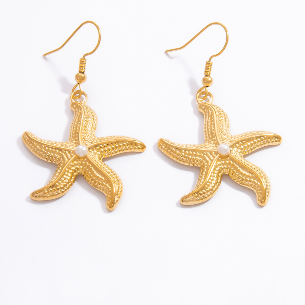 Boucles D'Oreilles Pendantes Pour Femme, Collection Romantique, Motif Étoile De Mer, En Acier Inoxydable Doré, Étanches, En Forme D'Étoile De Mer. 1 Paire Image9