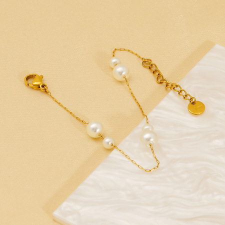 bracelet chaîne en acier inoxydable plaqué or  avec perles artificielles pour femme, 1 pièce 2