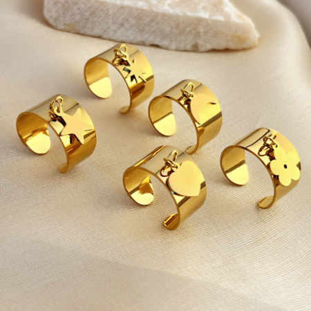 Bague ajustable pour femme, modèle Designable Series Chic Flower Dangle, en acier inoxydable étanche couleur or. 2