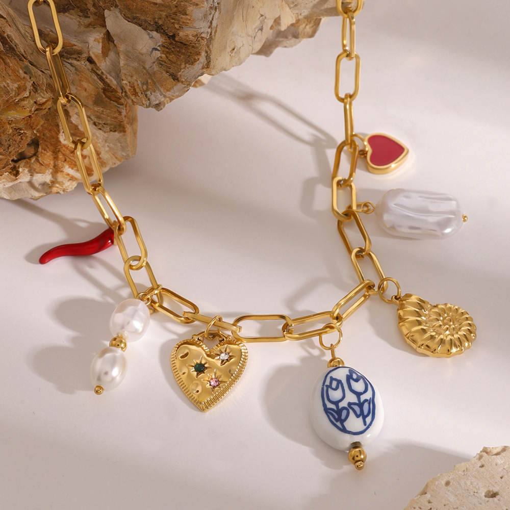 Collier Avec Pendentif Tortue De Vacances En Acier Inoxydable Plaqué Or  Et Perles Artificielles Pour Femme, Série Simple, 1 Pièce Image4