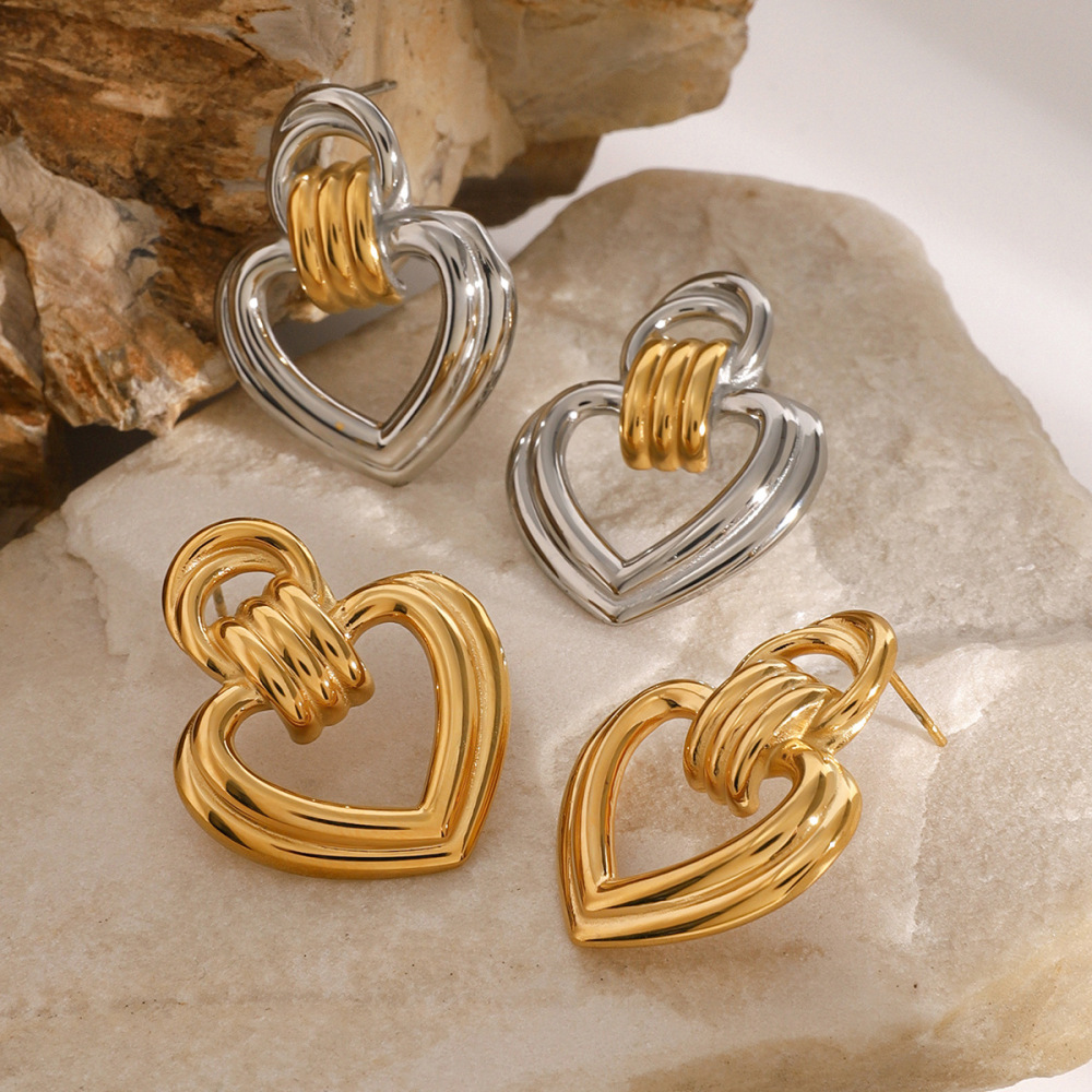 1 Paire De Boucles D'Oreilles À Tige En Acier Inoxydable Plaqué Or  Pour Femme, Série Simple Sweet Heart Image3