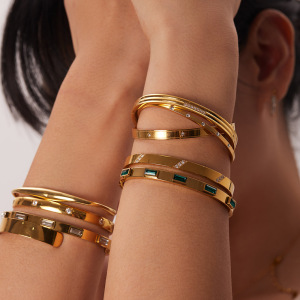 Bracelet Ouvert Pour Femme, Style Rétro, Simple, Géométrique, En Acier Inoxydable, Plaqué Or , Incrustation De Zircons h5 Image5