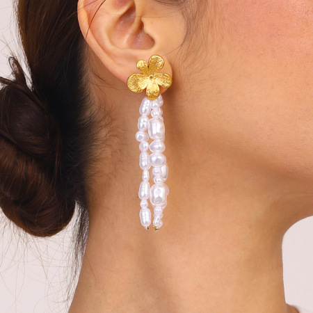 Boucles d'oreilles élégantes à pompons et fleurs, en acier inoxydable doré, imperméables, pour femme (1 paire)