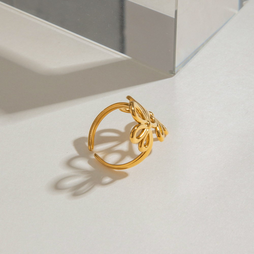 Bague Ajustable Pour Femme, Collection Romantique, Élégante, Double Fleur, En Acier Inoxydable Étanche Couleur Or. Image5