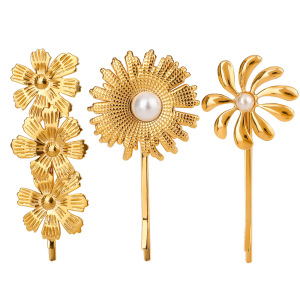 1 Paire De Pinces À Cheveux Pour Femmes, Série Simple, Fleurs Douces, En Acier Inoxydable Plaqué Or , Avec Perles Artificielles h5 Image5