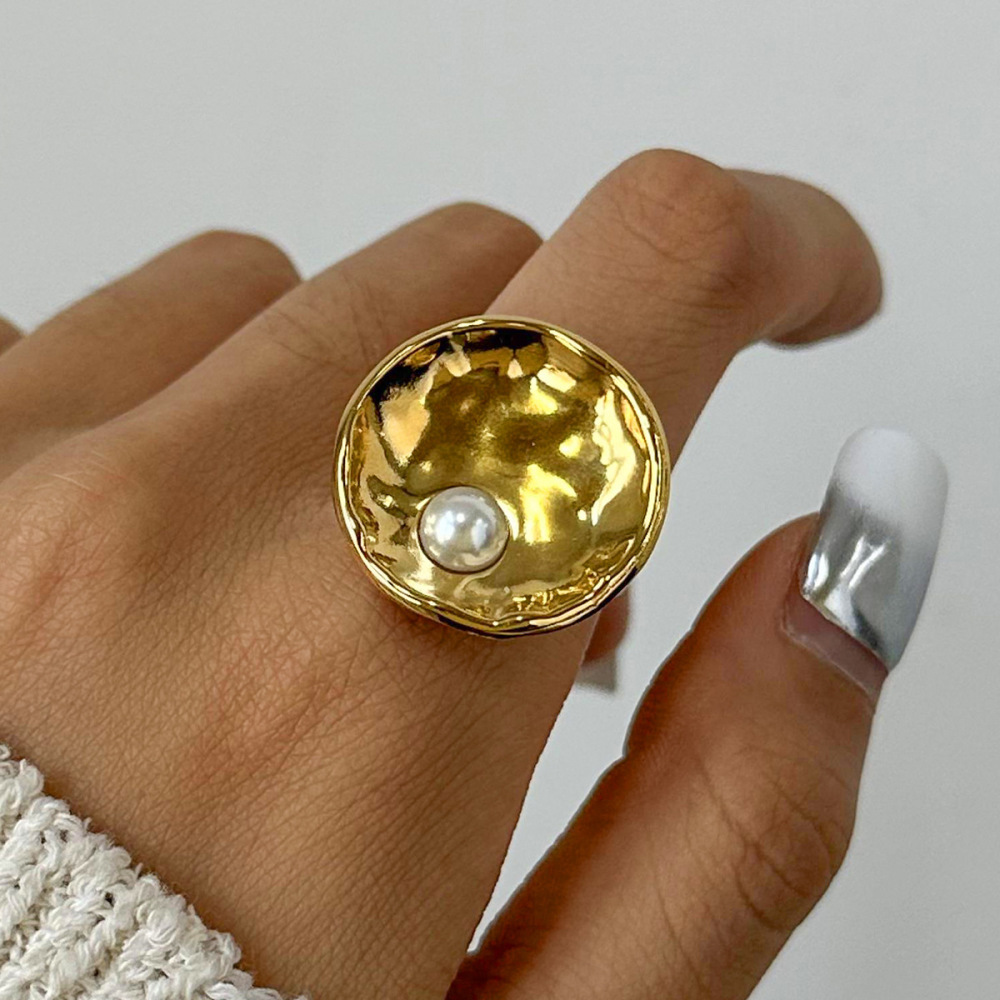 1 Paire De Bagues Ajustables Géométriques Décontractées En Acier Inoxydable Plaqué Or  Avec Perles Artificielles Pour Femmes Image3