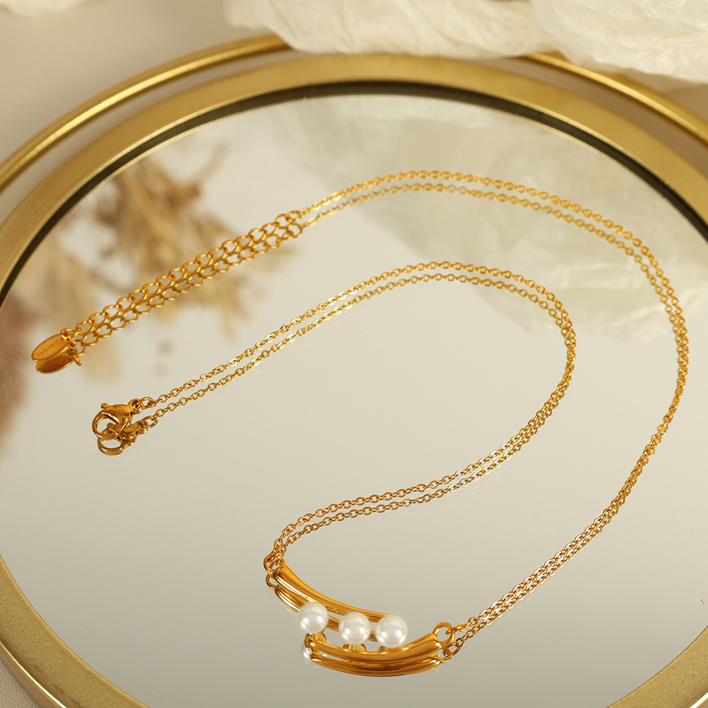 Collier Avec Pendentif En Perles Artificielles Pour Femme, Série Simple Rétro, En Acier Inoxydable Plaqué Or  Image3