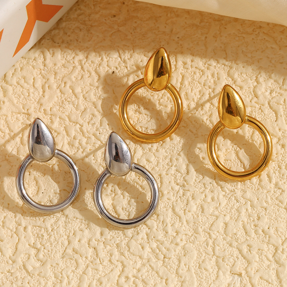 Boucles D'Oreilles Pendantes Pour Femme, Style Géométrique Classique, En Acier Inoxydable Doré, Étanches, Collection Simple Series (1 Paire). Image3