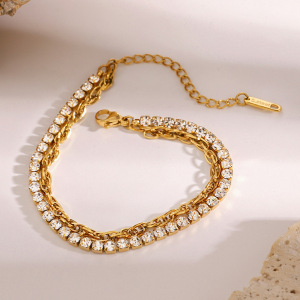 Bracelet Chaîne Simple Géométrique En Acier Inoxydable Plaqué Or Avec Strass Pour Femme, Série Luxueuse, 1 Pièce h5 Image3