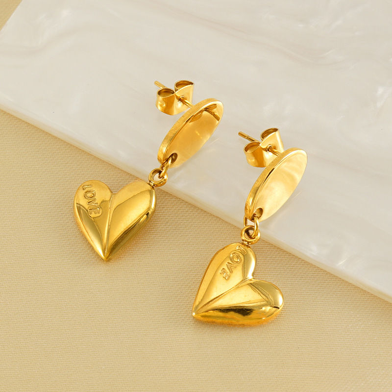 1 Paire De Boucles D'Oreilles Rétro En Acier Inoxydable Plaqué Or En Forme De Cœur Pour Femmes, Boucles D'Oreilles En Acier Titane À La Mode, Boucles D'Oreilles Pendantes Pour Femmes Image4