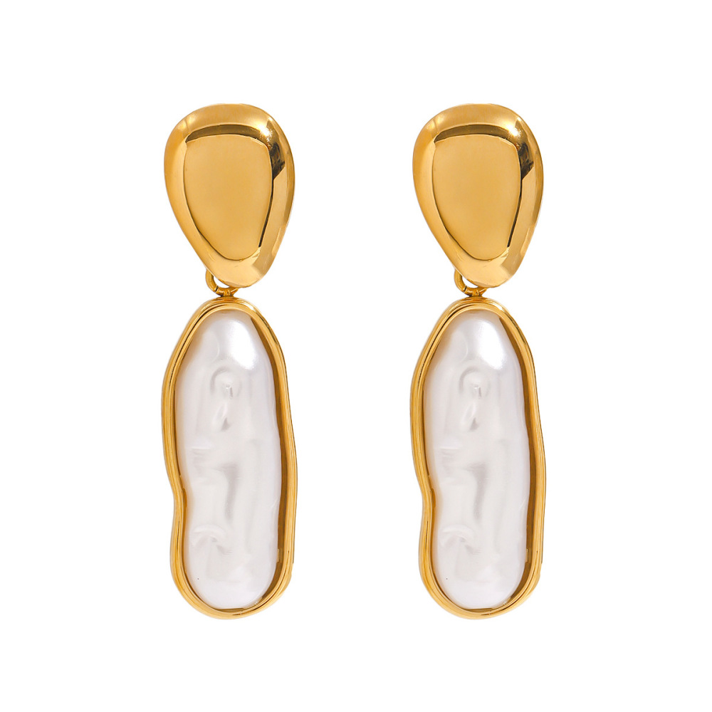 Boucles D'Oreilles Pendantes Pour Femme, Style Ovale Irrégulier, En Acier Inoxydable Doré, Étanches, Collection Classique (1 Paire). Image9