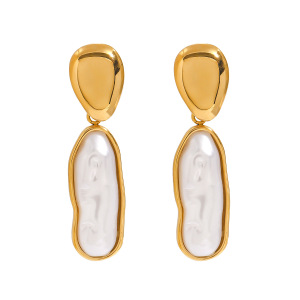 Boucles D'Oreilles Pendantes Pour Femme, Style Ovale Irrégulier, En Acier Inoxydable Doré, Étanches, Collection Classique (1 Paire). h5 Image9