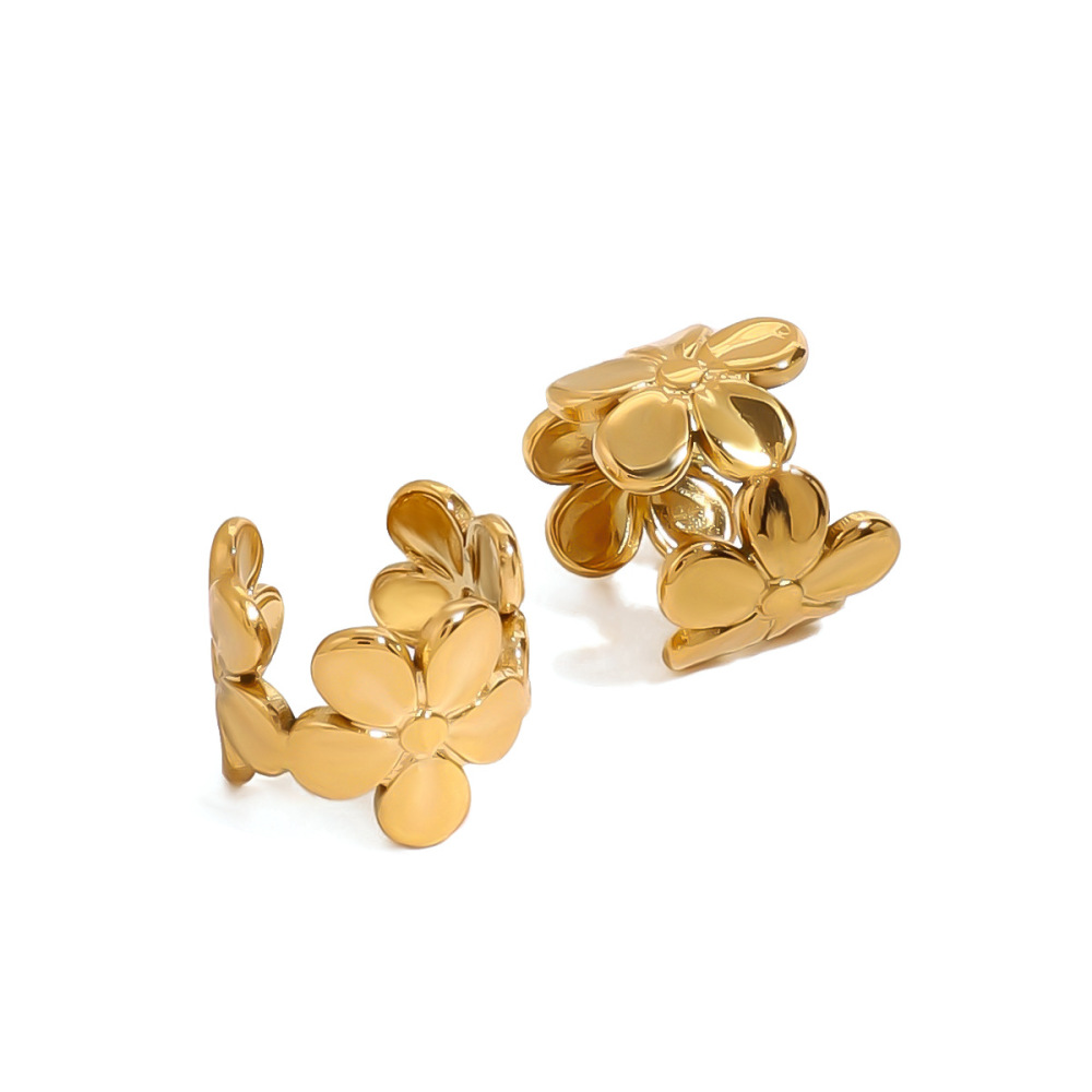 1 Paire De Boucles D'Oreilles Manchette Pour Femme, Série Luxe, Motif Fleurs Magnifiques, En Acier Inoxydable Étanche, Couleur Or Image8