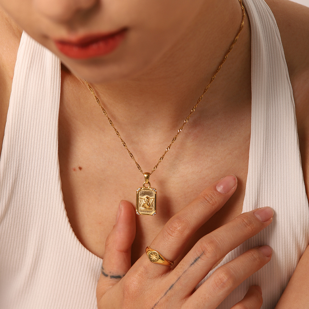 Collier Avec Pendentif En Forme De Cœur, Carré Et Ovale, Style Rétro Simple, En Acier Inoxydable Plaqué Or , Pour Femme Image3