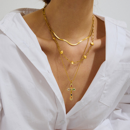Collier pendentif femme rétro en forme de croix, en acier inoxydable étanche, couleur or (1 pièce)