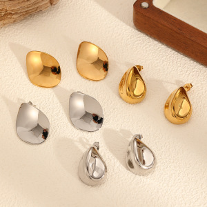Boucles D'Oreilles Puces Pour Femme, Style Minimaliste, Ovale, En Acier Inoxydable, Étanches, Couleur Or (1 Paire). h5 Image3