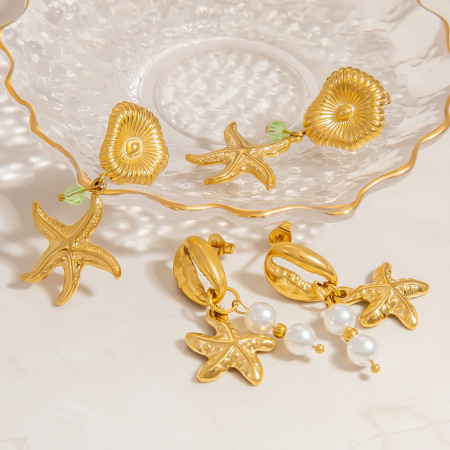 Boucles d'oreilles pendantes pour femme, motif coquillage, collection Marine Series, en acier inoxydable étanche couleur or (1 paire).