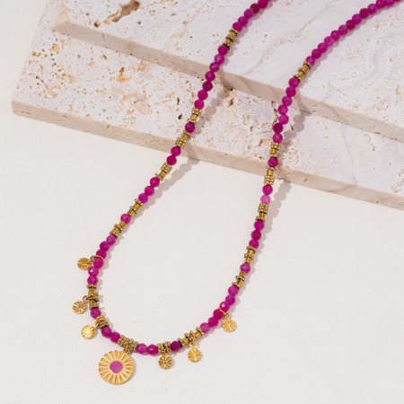Collier pendentif femme en acier inoxydable doré, pierre naturelle rose, style rétro cercle, collection Intricate Series (1 pièce)