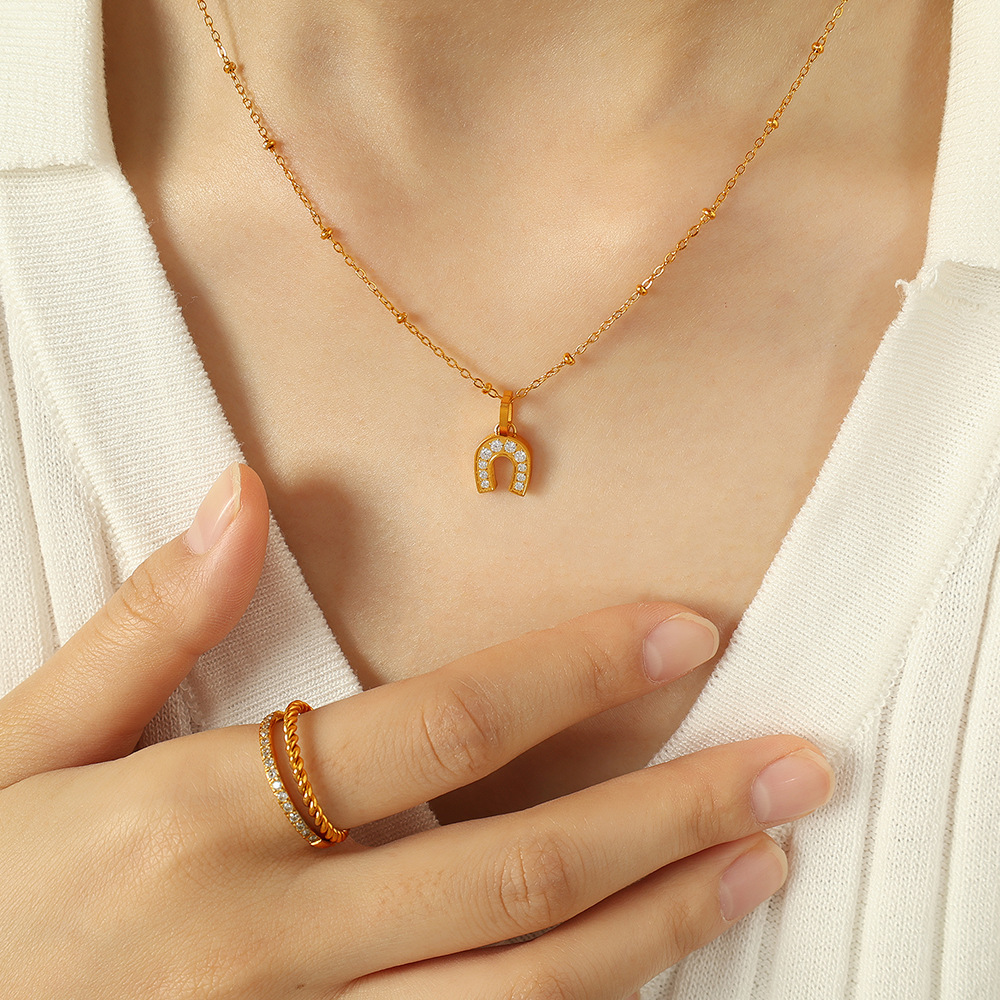 Collier Avec Pendentif Géométrique Simple En Acier Inoxydable Plaqué Or  Et Zircon Pour Femme, 1 Pièce Image5