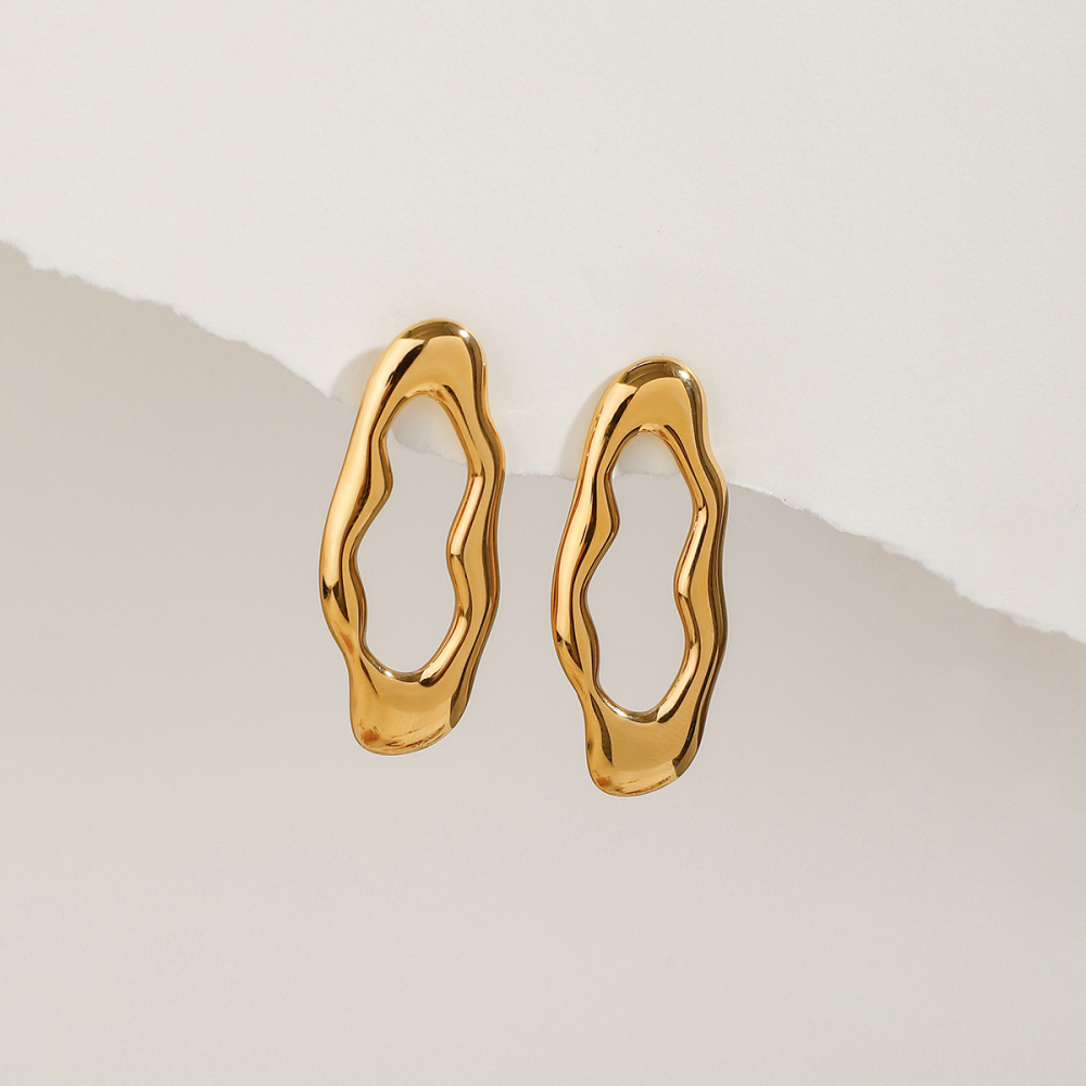 1 Paire De Boucles D'Oreilles À Tige Ovales En Acier Inoxydable Doré Pour Femme, De La Série Classic h5Image6