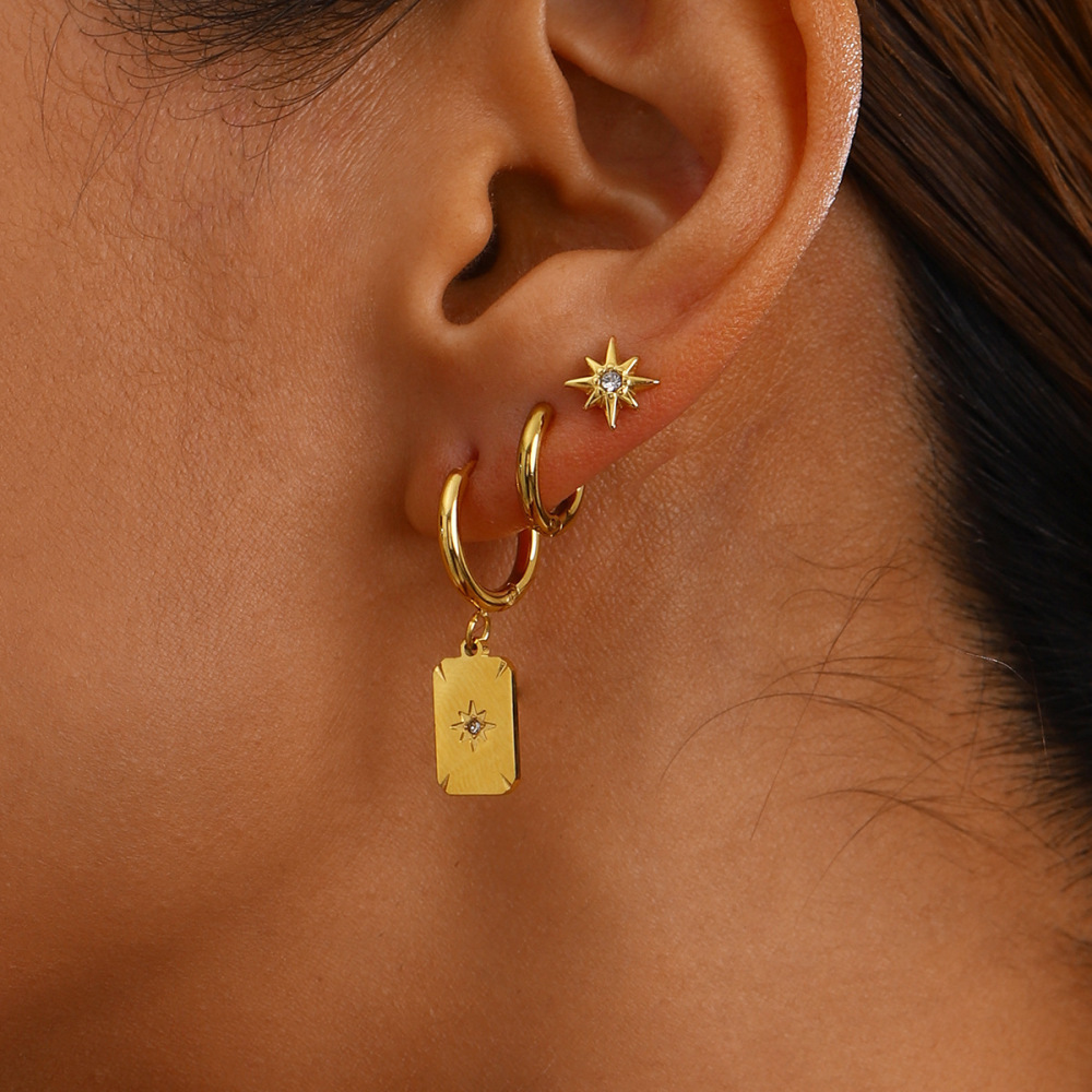 1 Paire De Boucles D'Oreilles Rétro À Huit Branches En Acier Inoxydable Plaqué Or Avec Strass Pour Femme h5Image4
