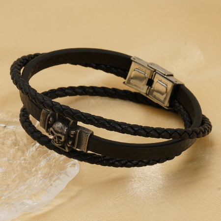 1 paire de bracelets rétro en cuir tressé avec motif tête de mort pour homme, fermoir magnétique en acier titane, accessoires pour homme 2