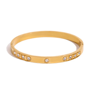 Bracelet Rond En Acier Inoxydable Plaqué Or  Avec Strass Pour Femme, Série Simple , 1 Pièce h5 Image6