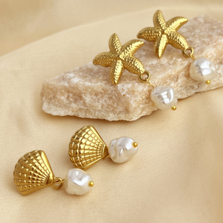 1 paire de boucles d'oreilles pendantes Oceanic en acier inoxydable étanche couleur or