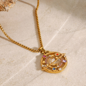 Collier Élégant Avec Pendentif Soleil/Lune En Acier Inoxydable Plaqué Or Et Strass Pour Femme, Série Luxueuse, 1 Pièce h5 Image5