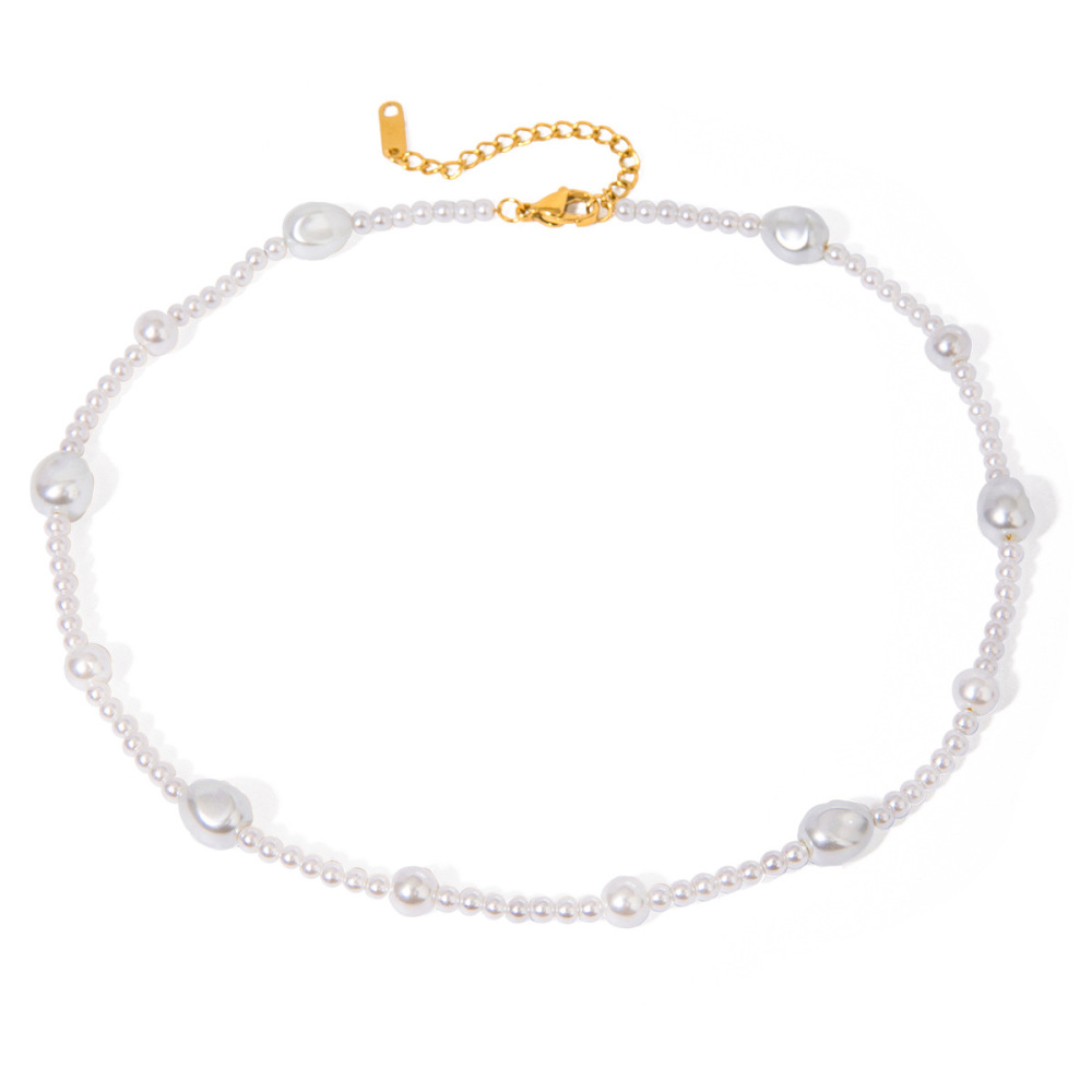 Collier De Perles Rétro En Acier Inoxydable Plaqué Or , Série Classique, Perles Artificielles Pour Femmes Image6